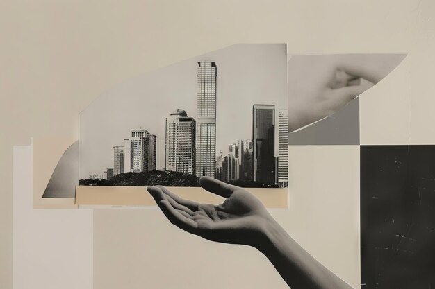 Photo hand holding modern cityscape collage architectural art with monochrome skyscrapers