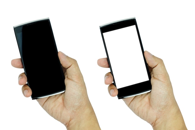 Hand holding modern smartphone with white and black screen 