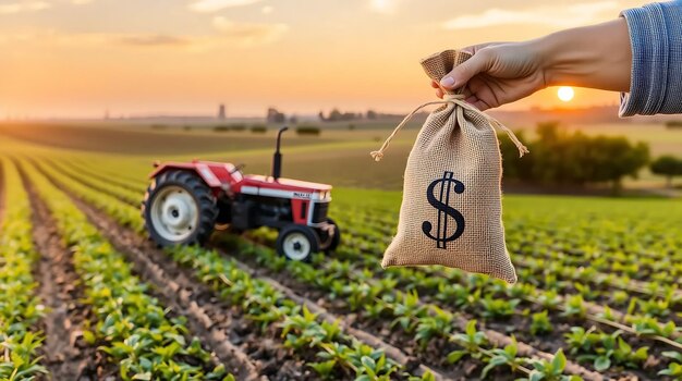 Photo hand holding money bag with dollar sign in farm field symbolizing agricultural loans