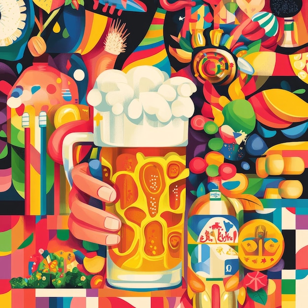 Photo hand holding a mug of beer with a bottle in a colorful abstract background