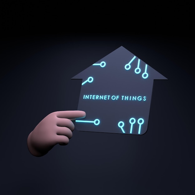 Hand holding neon IoT logo Internet of thing concept 3d render illustration