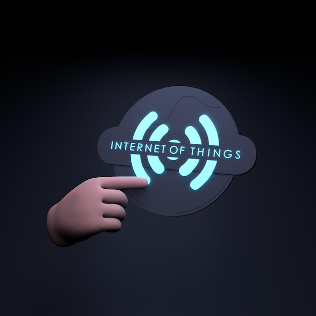 Hand holding neon IoT logo Internet of thing concept 3d render illustration