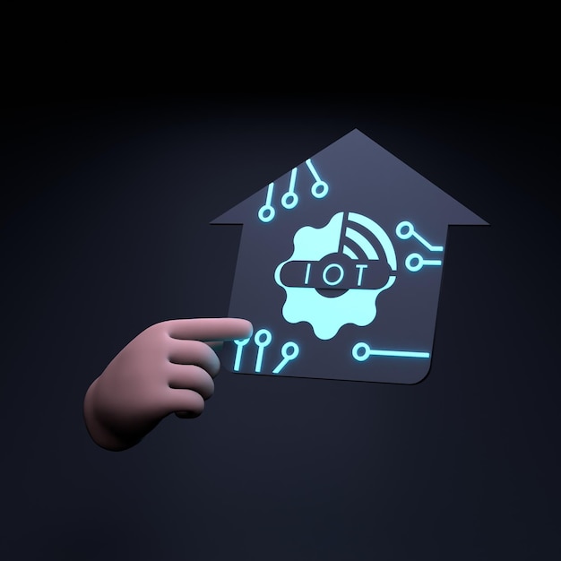 Hand holding neon IoT logo Internet of thing concept 3d render illustration