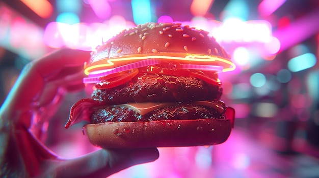 Photo hand holding a neoninspired burger with colorful lights in a modern setting