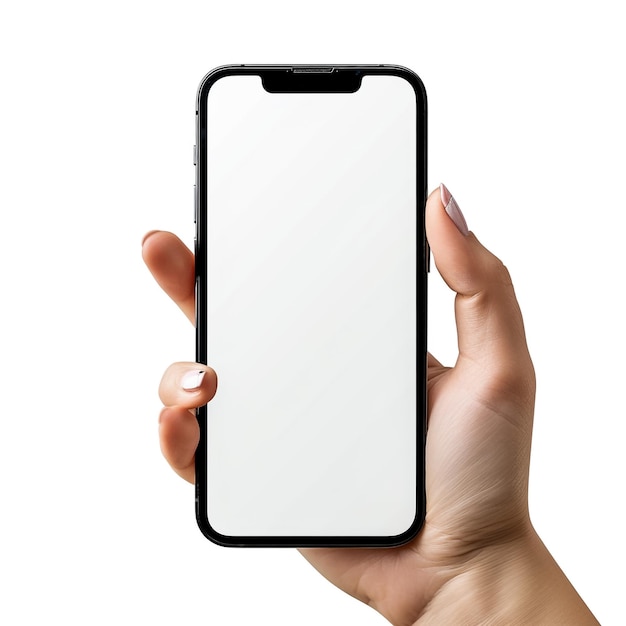 Hand holding a new smartphone on a white background