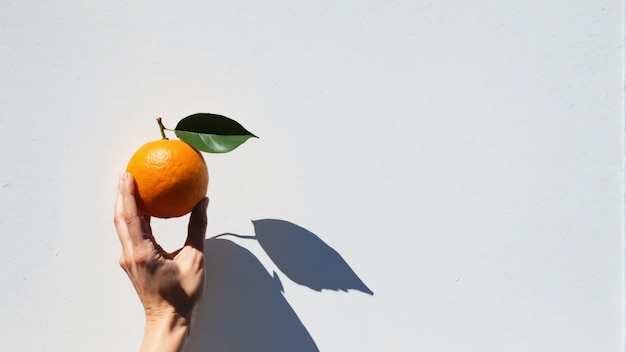 Hand holding an orange against white concrete wall