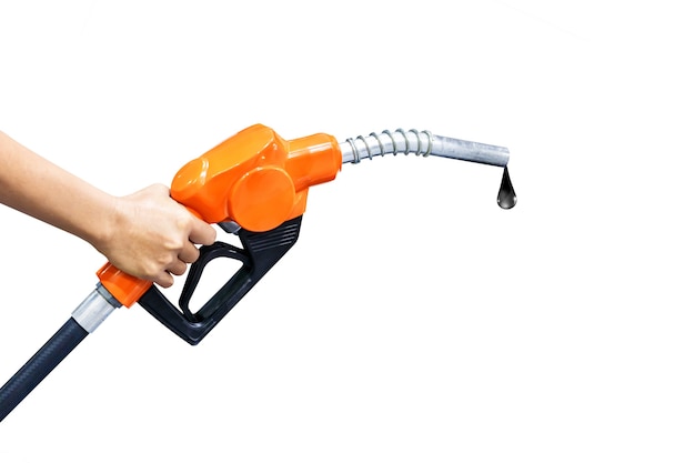 Hand holding orange fuel nozzle isolated on white background