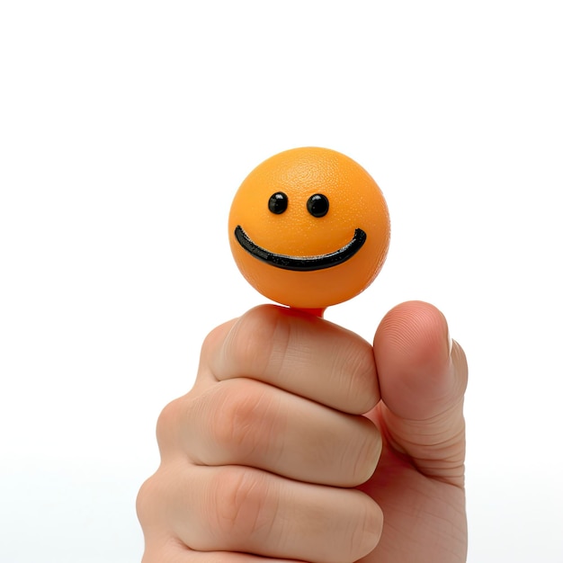 A hand holding an orange with a smiley face on it