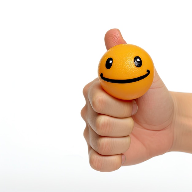 A hand holding an orange with a smiley face on it