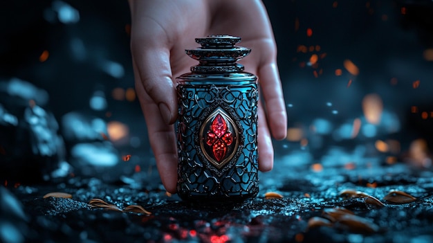 Photo hand holding ornate glass bottle with red gemstone