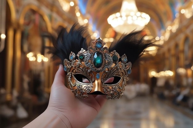 A hand holding an ornate masquerade mask