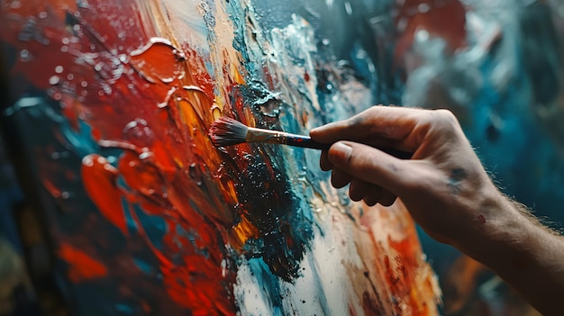 Photo a hand holding a paintbrush applies red paint to a canvas