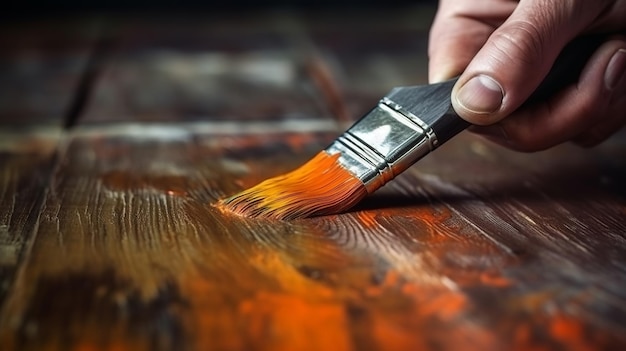 hand holding a paintbrush in front of an old wooden door