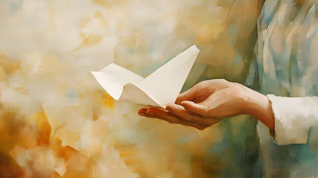 A Hand Holding a Paper Airplane Against an Abstract Background