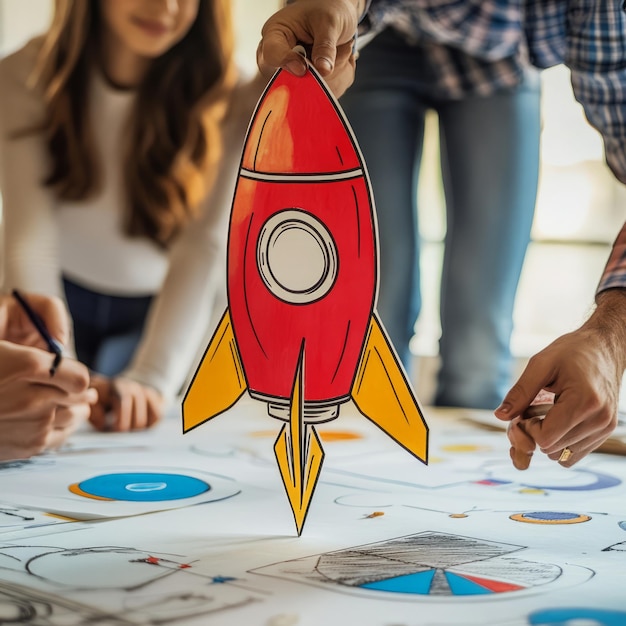 Photo hand holding a paper rocket model above a table with charts and graphs