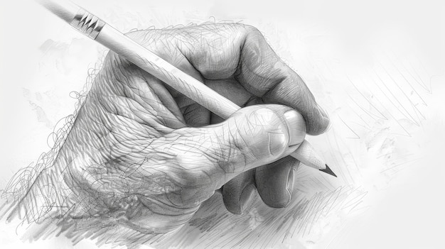 Photo hand holding a pencil drawing on a white paper