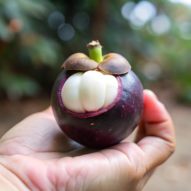 Photo a hand holding a perfectly ripe mangosteen