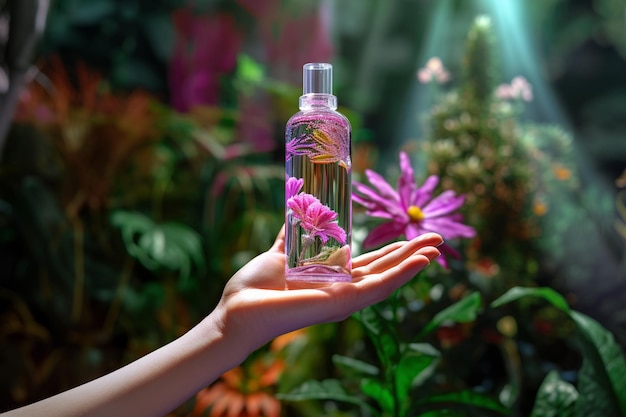 Hand holding a perfume bottle on a background full of flowers