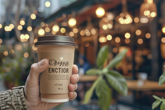 Hand holding person coffee cup branding mockup