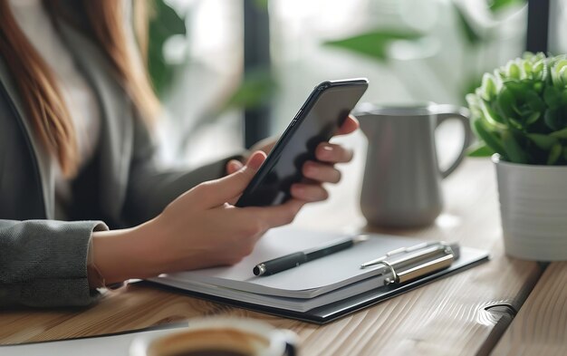 a hand holding a phone and a notepad