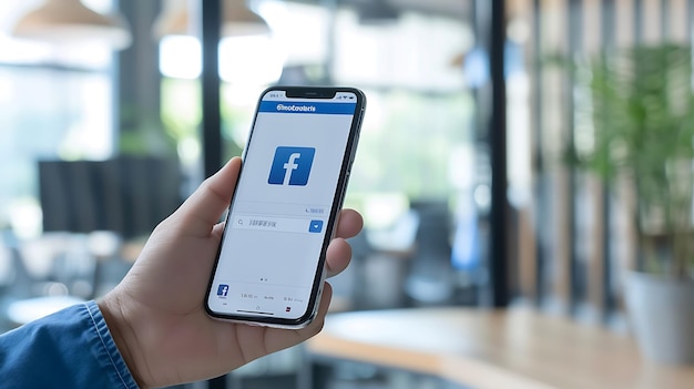 Photo hand holding phone showing successful facebook ad with blurred office background