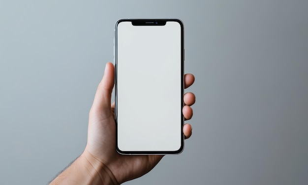 a hand holding a phone that has a white screen that says  iphone