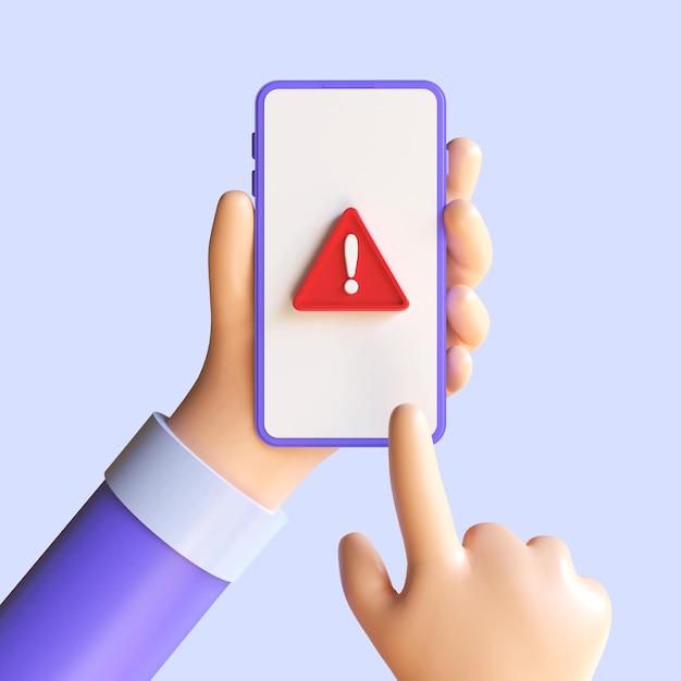 Hand holding phone with attention alert sign red hazard with exclamation mark symbol