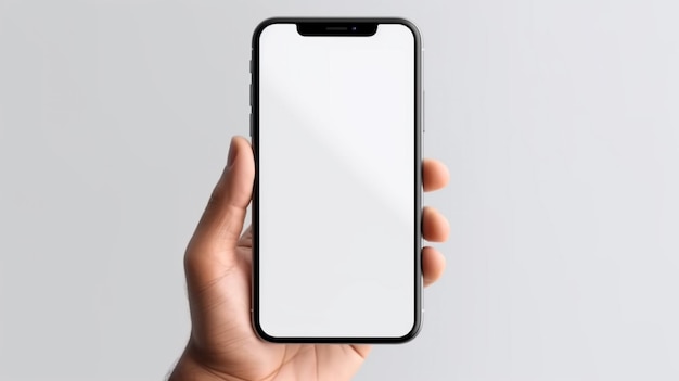 A hand holding a phone with a blank screen.