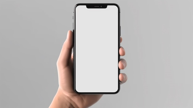 A hand holding a phone with a blank screen.