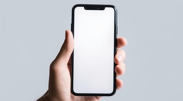 A hand holding a phone with a blank screen.