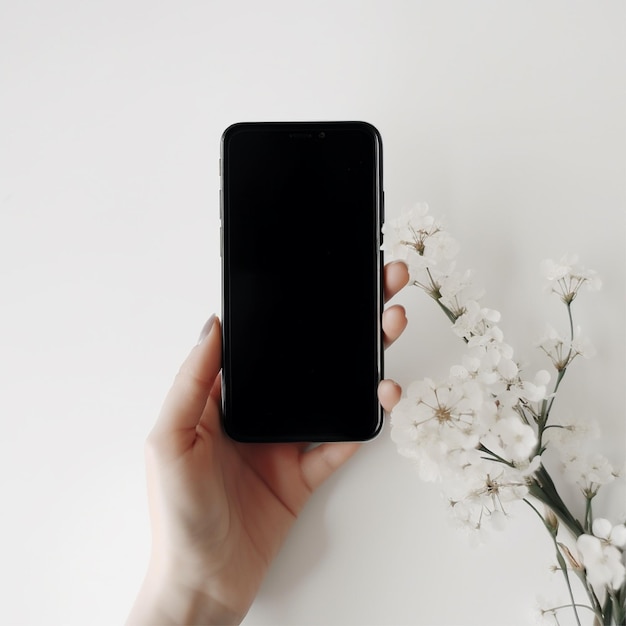 A hand holding a phone with a flower in the background.