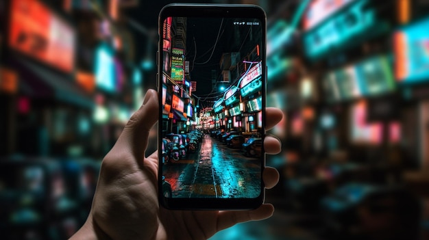 A hand holding a phone with a lit up street scene on the screen.