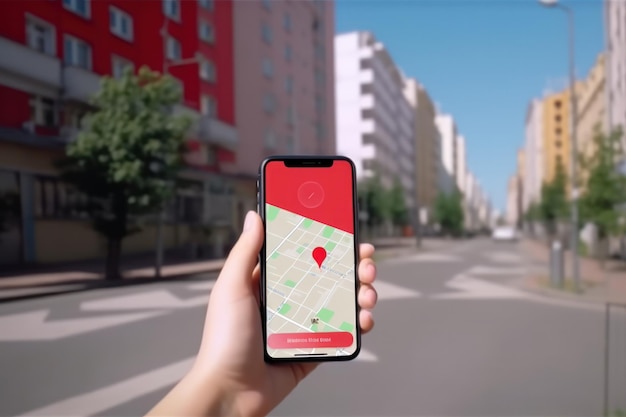 Hand holding phone with map in city street Mobile gps navigation concept nature on background