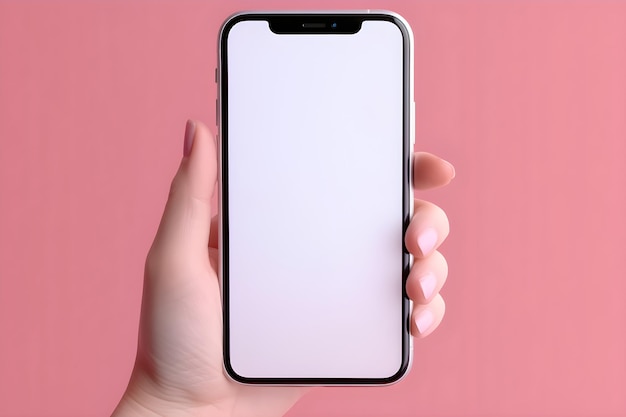 A hand holding a phone with a pink background