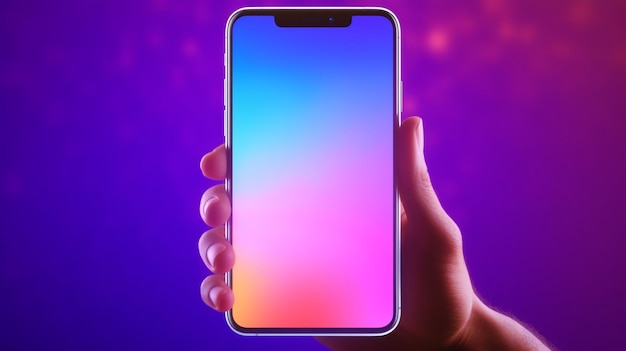 A hand holding a phone with a rainbow display.