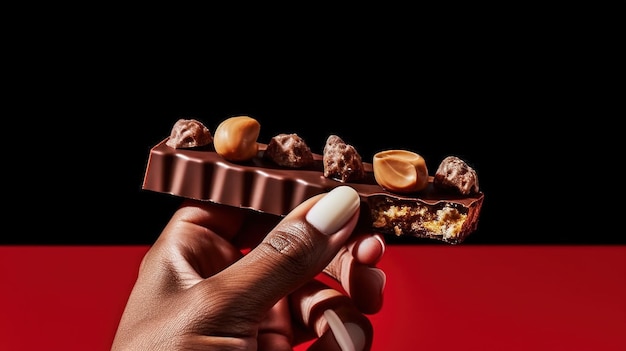 Photo a hand holding a piece of chocolate with nuts on it