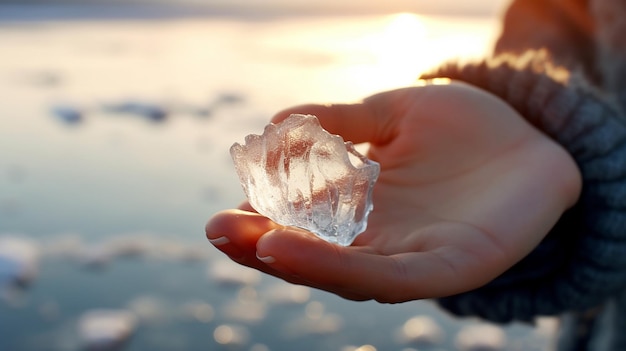 hand holding piece of ice