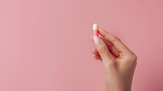 hand holding a pill simple pink background with space for text