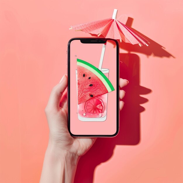 Photo a hand holding a pink phone with a straw in the middle of it