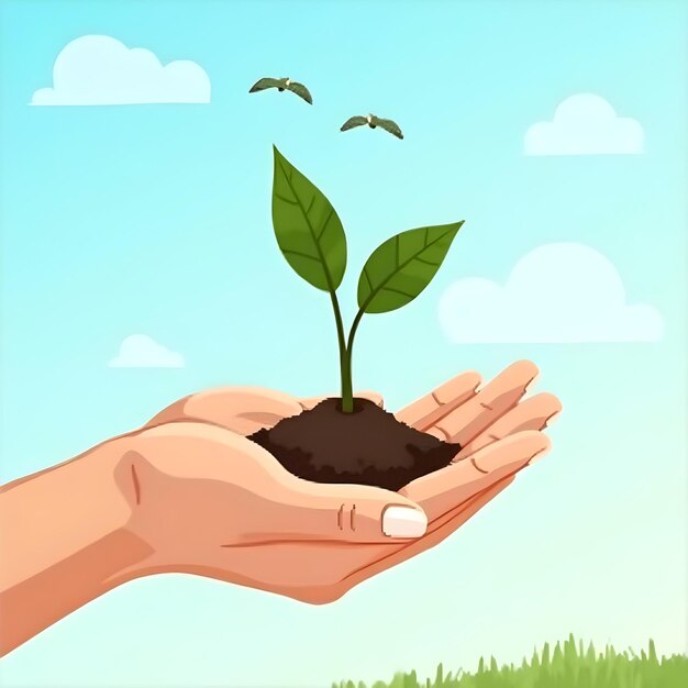 Photo hand holding plant growth nature environment green plant two leaves soil flat vector mo