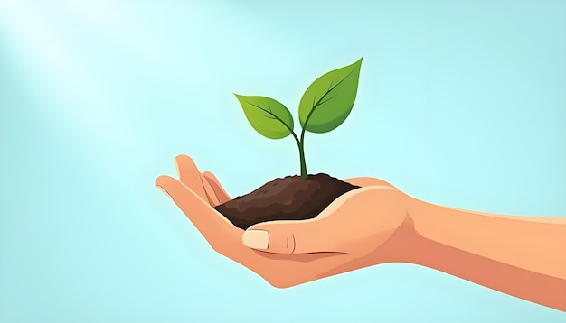 Hand holding plant growth nature environment green plant two leaves soil flat vector moder