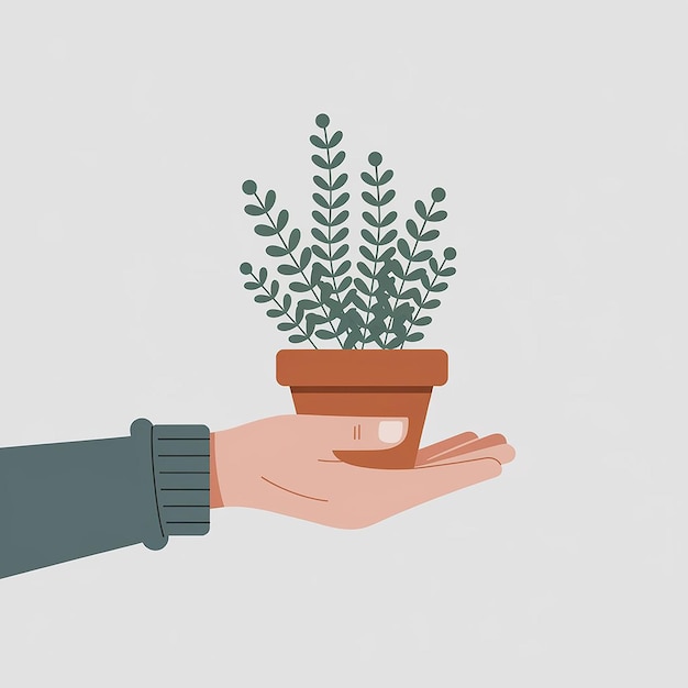 Photo hand holding plant pot vector illustration hand carrying flower pot hands lifting a green seedling