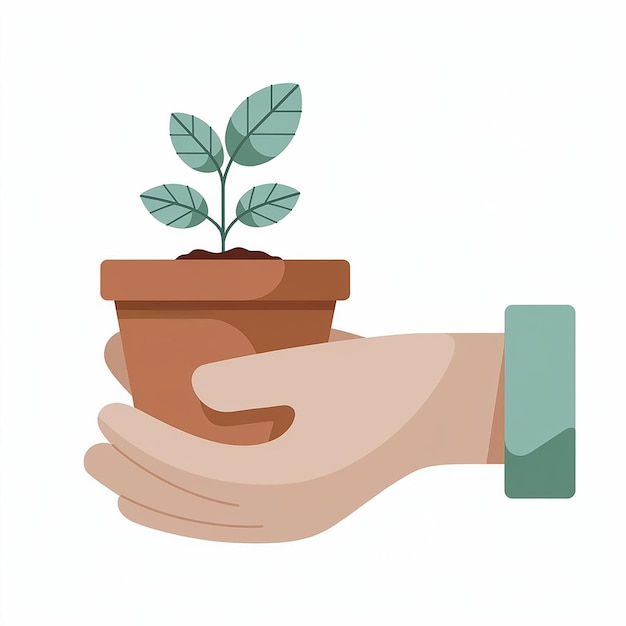 Photo hand holding plant pot vector illustration hand carrying flower pot hands lifting a green seedling