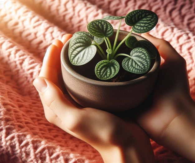 Hand holding plant pot with pilea on bright