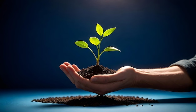 a hand holding a plant with a blue background