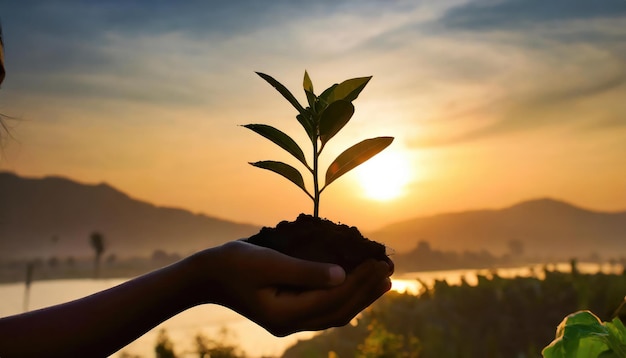 Hand holding a plant with the sun setting behind them