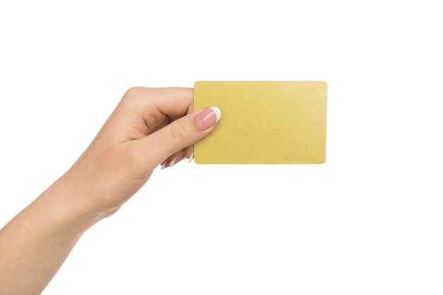 Hand holding plastic credit card , woman showing blank business card on white isolated studio background, copy space, cutout