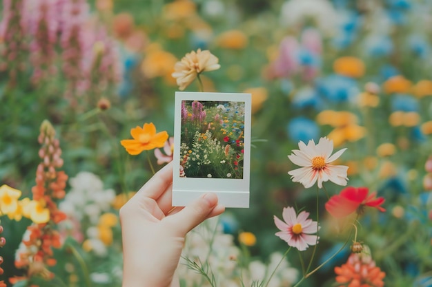 Hand Holding Polaroid Photo of Blooming Garden Flowers Nature and Floral Photography with Detailed