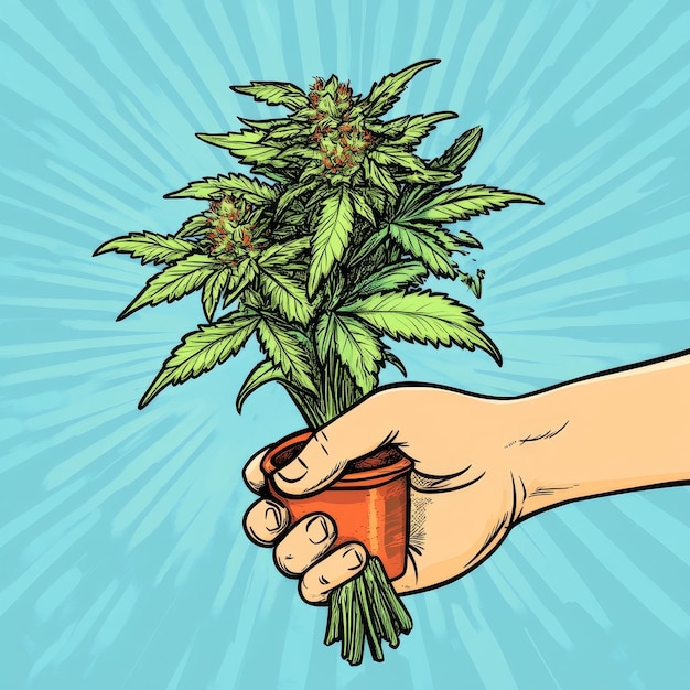 Photo hand holding a pot of marijuana pop art retro vector illustration drawing