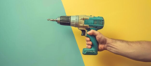 Photo hand holding a power drill against blue and yellow background